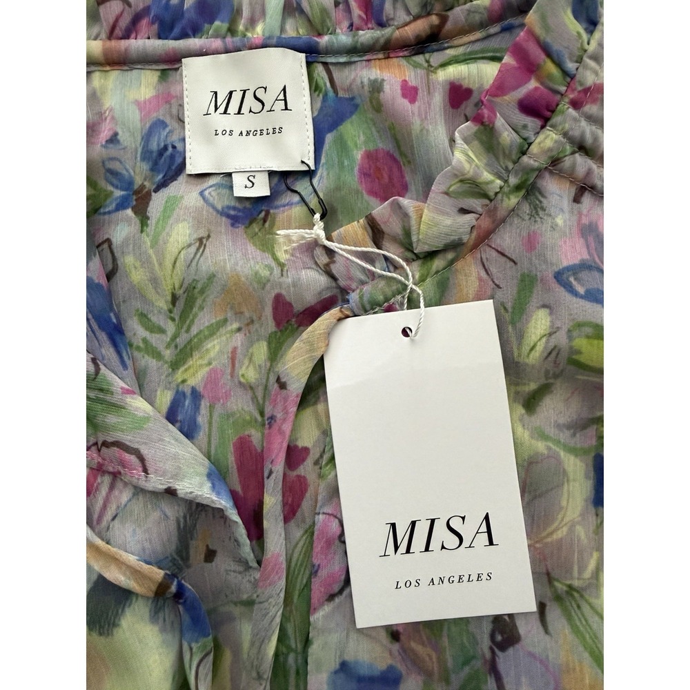 MISA Los Angeles Dress Small Watercolor Floral Midi Smocked Rainbow Boho #BB13-1 - Picture 3 of 12